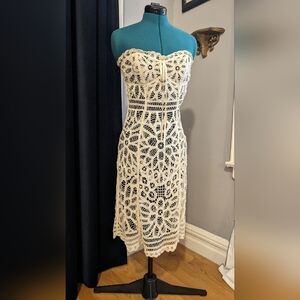 Betsey Johnson white and black floral lace strapless dress, sz 2